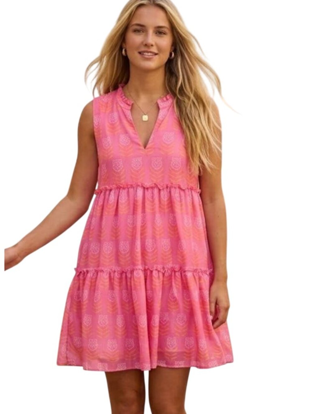 J. Marie The Maeve Tiered Sleeveless Tulip Dress size L large pink orange floral